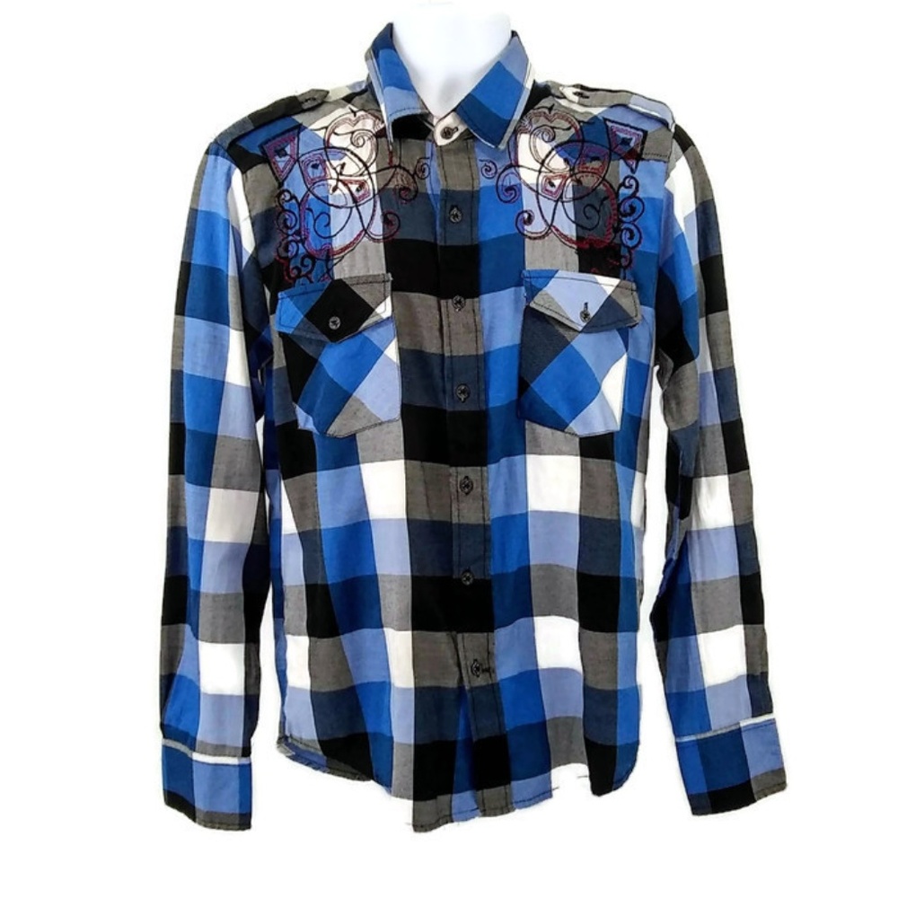 El General Plaid Western Blue Long Sleeve Shirt Button Up Embroidered Med